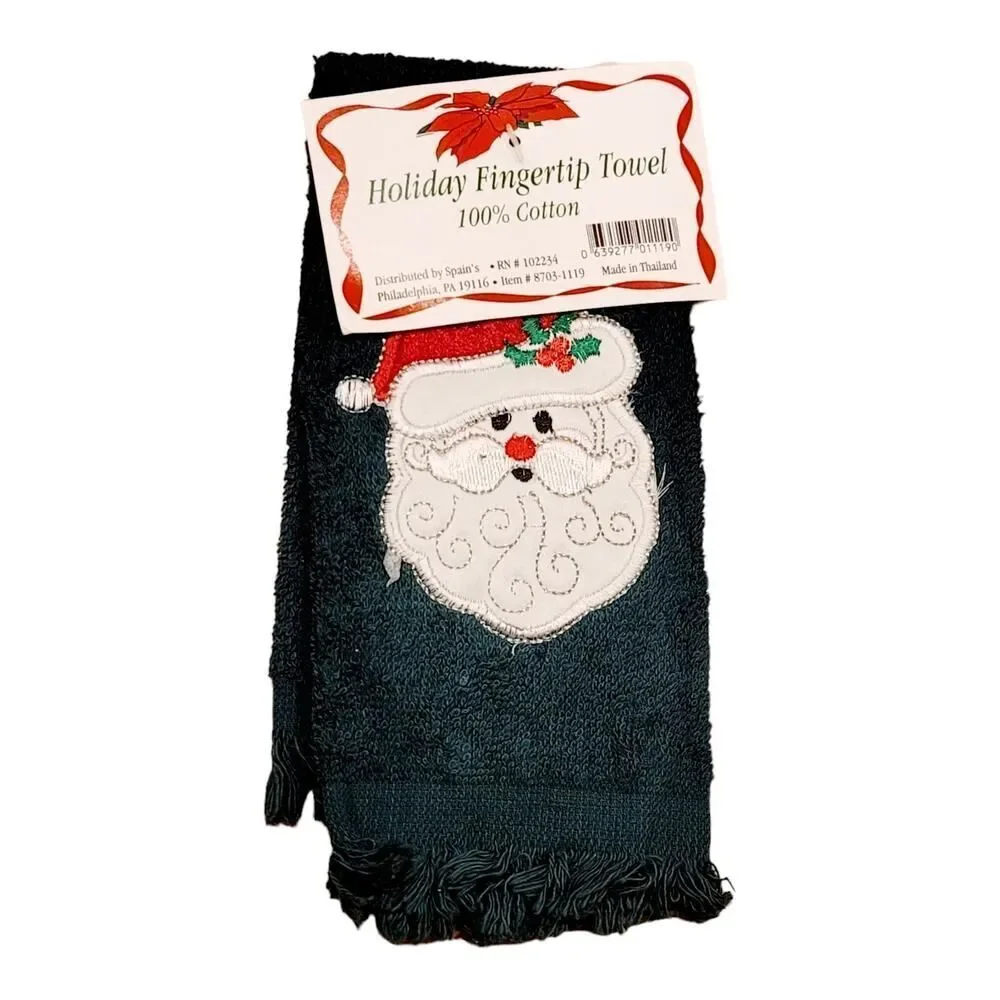 Vintage CHRISTMAS Green Guest Small Hand Towel Holiday Embroidered Santa NWT